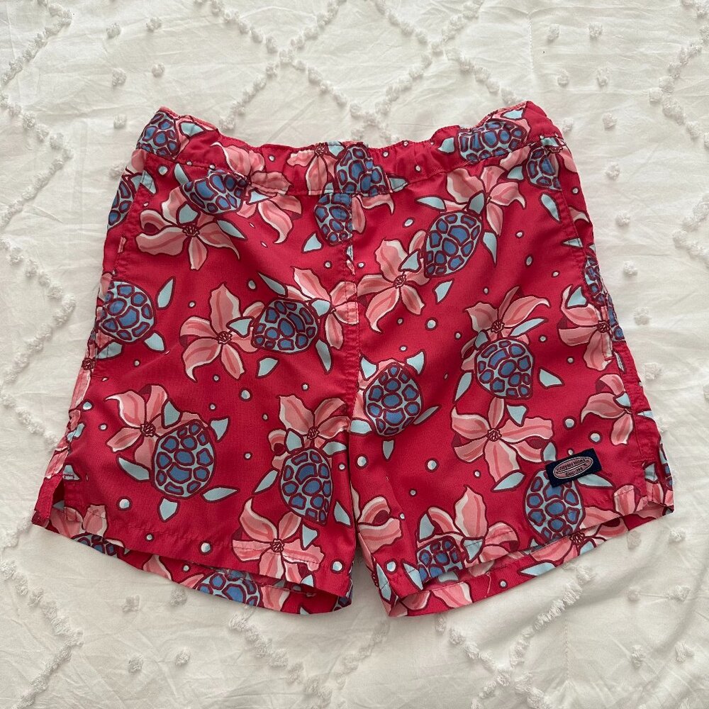 Vineyard Vines Swim Trunks Pink/Red Turtle Floral Print Boys Size 5 🌺🐢